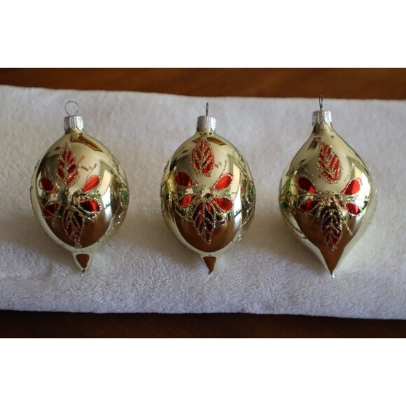 3x Commodore Teardrop Ornaments Romania Vintage Glitter Floral Gold Red 4" - Picture 5 of 10